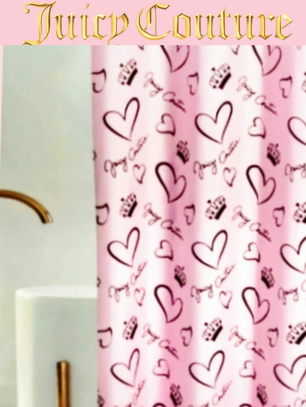 Juicy Couture Home Script Logo, Hearts, & Crowns Print Fabric Shower Curtain